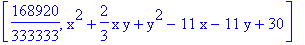 [168920/333333, x^2+2/3*x*y+y^2-11*x-11*y+30]